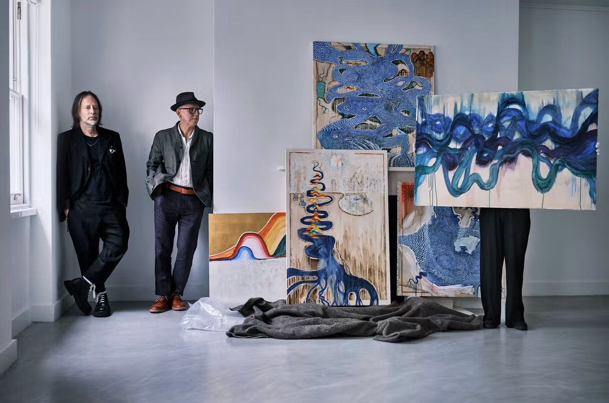 Thom Yorke and Stanley Donwood with some of their paintings, for This Is What You Get at the Ashmolean, Oxford, 2025